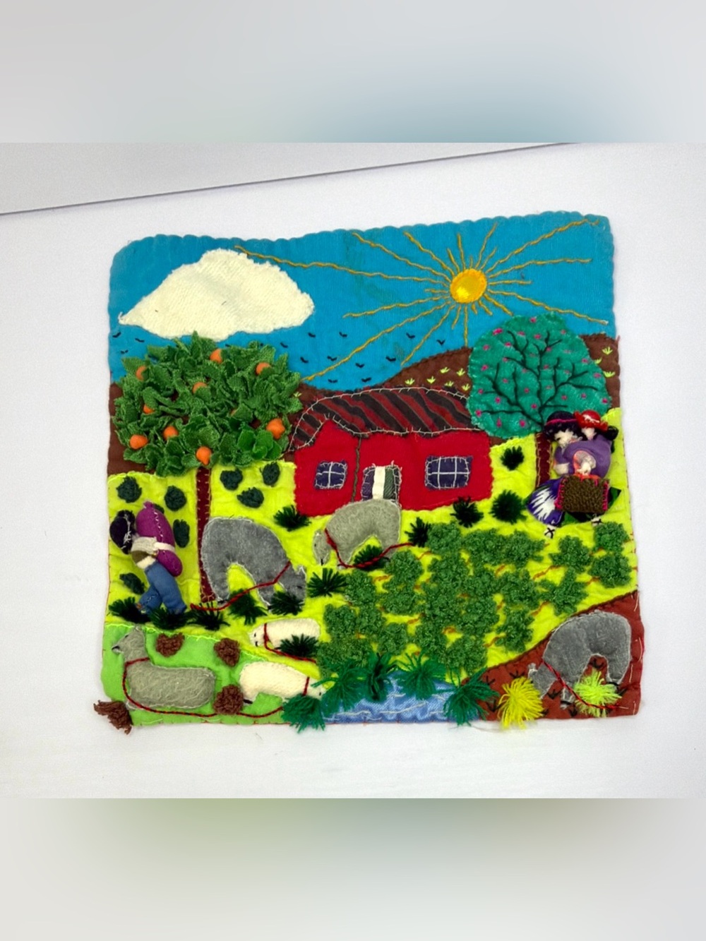 Vintage Peruvian Arpillera Folk Art 3D Applique Tapestry Wall Hanging Andes 9x9”